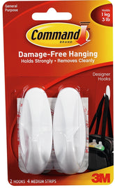Command 17081 Designer Hook, 5/8 in Opening, 3 lb, 2-Hook, Plastic, White